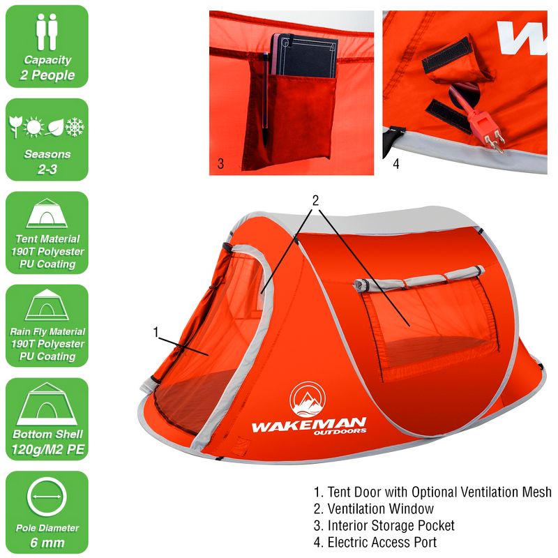 Pop-up Tent - 2 Person Water-Resistant Barrel Style Tent for Camping with Rain Fly and Carry Bag - Sunchaser 2-person Tent By Wakeman Outdoors (Red), 3 of 8