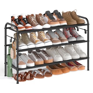 SONGMICS Shoe Rack, 3 Tier Shoe Organizer, Fabric Shoe Shelf Storage with 4 Hooks, Height-Adjustable Shoe Rack Ink Black - 1 of 4