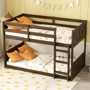 Twin over Twin Floor Bunk Bed with Built-in Ladder, Guardrails, Panel Headboards and Footboards, Solid Rubber Wood Frame, Antique Oak/White-ModernLuxe - 1 of 4