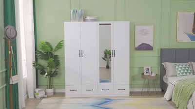 White Wood Armoire with Mirror, 4 Drawers, and Shelves