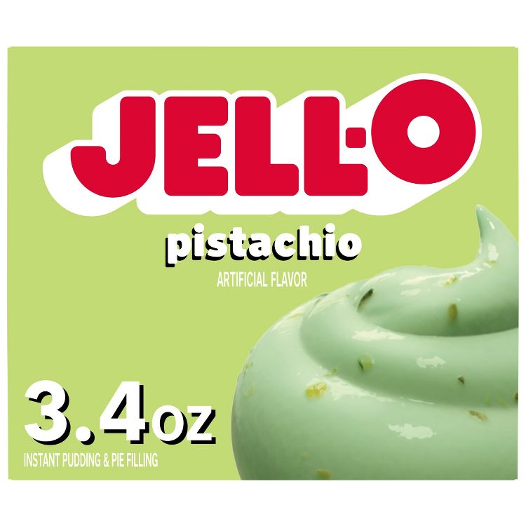 Box of Jell-O pistachio artificial flavor instant pudding and pie filling, 3.4 oz, with an image of green colored pudding.