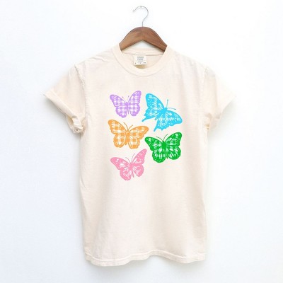 Simply Sage Market Women's Checkered Butterflies Short Sleeve Garment Dyed Tee - S - Ivory