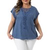 Women's Plus Size Embroidery Lace V Neck Crochet Roll Short Sleeve Summer Casual Blouse - Agnes Orinda - 2 of 4