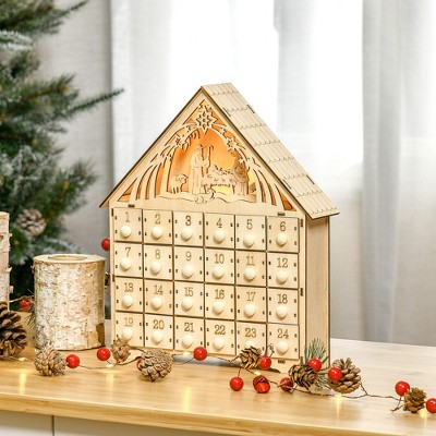 Whisen Christmas Advent Calendar, Light Up Manger Scene Tabletop Xmas Wooden House Holiday Decoration - Natural Wood