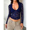 Women's Sheer Floral Lace Long Sleeve Crop Top - Sweetheart Neckline with Bow Accent - 4 of 4