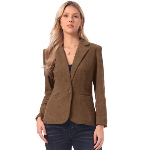 INSPIRE CHIC Women's Corduroy Notched Lapel Long Sleeve Casual One Button Jacket with Pockets Large Brown