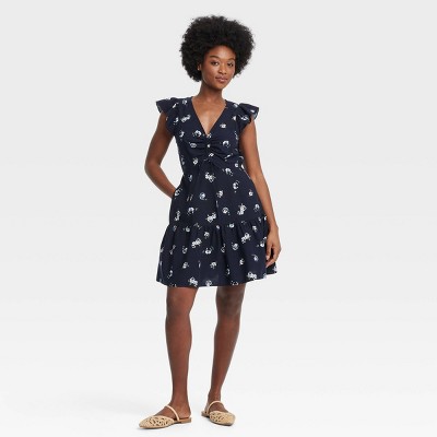 Women's Flutter Short Sleeve Mini Skater Dress - Universal Thread™ Navy Blue Floral XL