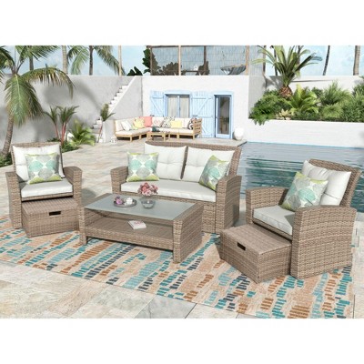 Sapphtopaz Outdoor Patio Furniture Set Rattan Patio Chairs Sectional Loveseat with Glass Table Top Coffee Table for Patio, Garden, Backyard