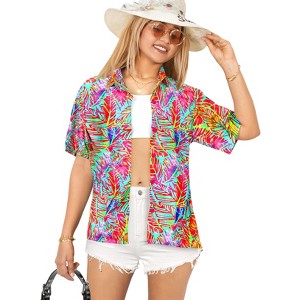 LA LEELA Women's Button Down Blouses Casual Summer Beach Party Blouses Shirt Open Front Blouse Short Sleeve Shirts Hawaiian for Women - 1 of 4