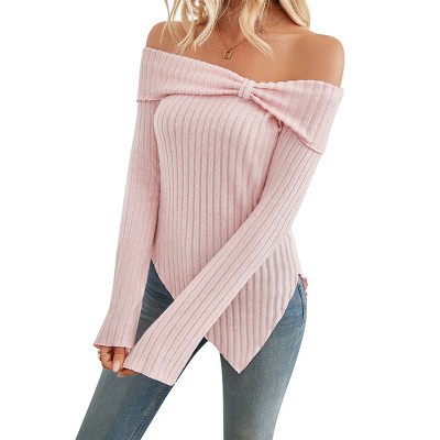 Womens Off Shoulder Asymmetric Sweater Tops Long Sleeve Rib Knit Tops Side Slit Bow Sweater Cute Dressy Tops