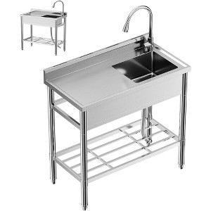 Free-Standing Single-Bowl Kitchen Sink, Stainless Steel Utility Basin with Workbench Storage, Hot/Cold Faucet, Commercial Sink for Backyard, Garden - 1 of 4
