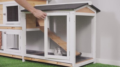 Gray and White Wooden 2-Story Rabbit Hutch with Ramp