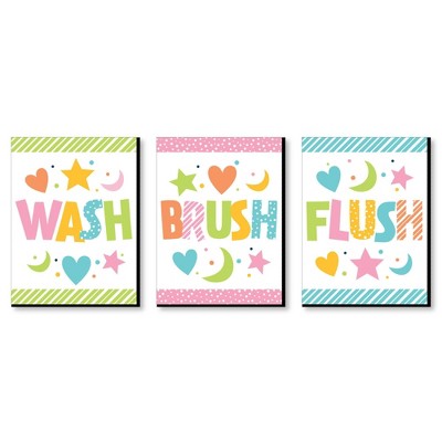Big Dot of Happiness Colorful Children's Decor - Kids Bathroom Rules Wall Art - 7.5 x 10 inches - Set of 3 Signs - Wash, Brush, Flush