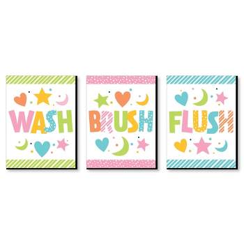Big Dot of Happiness Colorful Children's Decor - Kids Bathroom Rules Wall Art - 7.5 x 10 inches - Set of 3 Signs - Wash, Brush, Flush