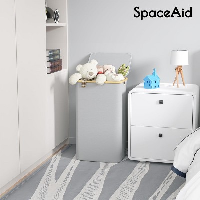 Gray Collapsible Rectangular Laundry Hamper with Bamboo Lid