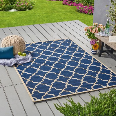 Gulches Navy and Ivory Geometric Quatrefoil Outdoor Area Rug - Durable, Stain-Resistant, 90" x 63" - Perfect for Patio and Backyard