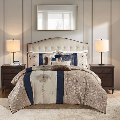 Navy and Taupe Jacquard Queen Comforter Set with Decorative Pillows
