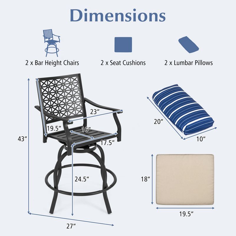 Costway Set of 2 Patio Swivel Bar Stool Chairs Cushioned Pillow Armrest Rocking, 3 of 10