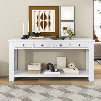 63" White Wood Console Table with 4 Drawers and Shelf