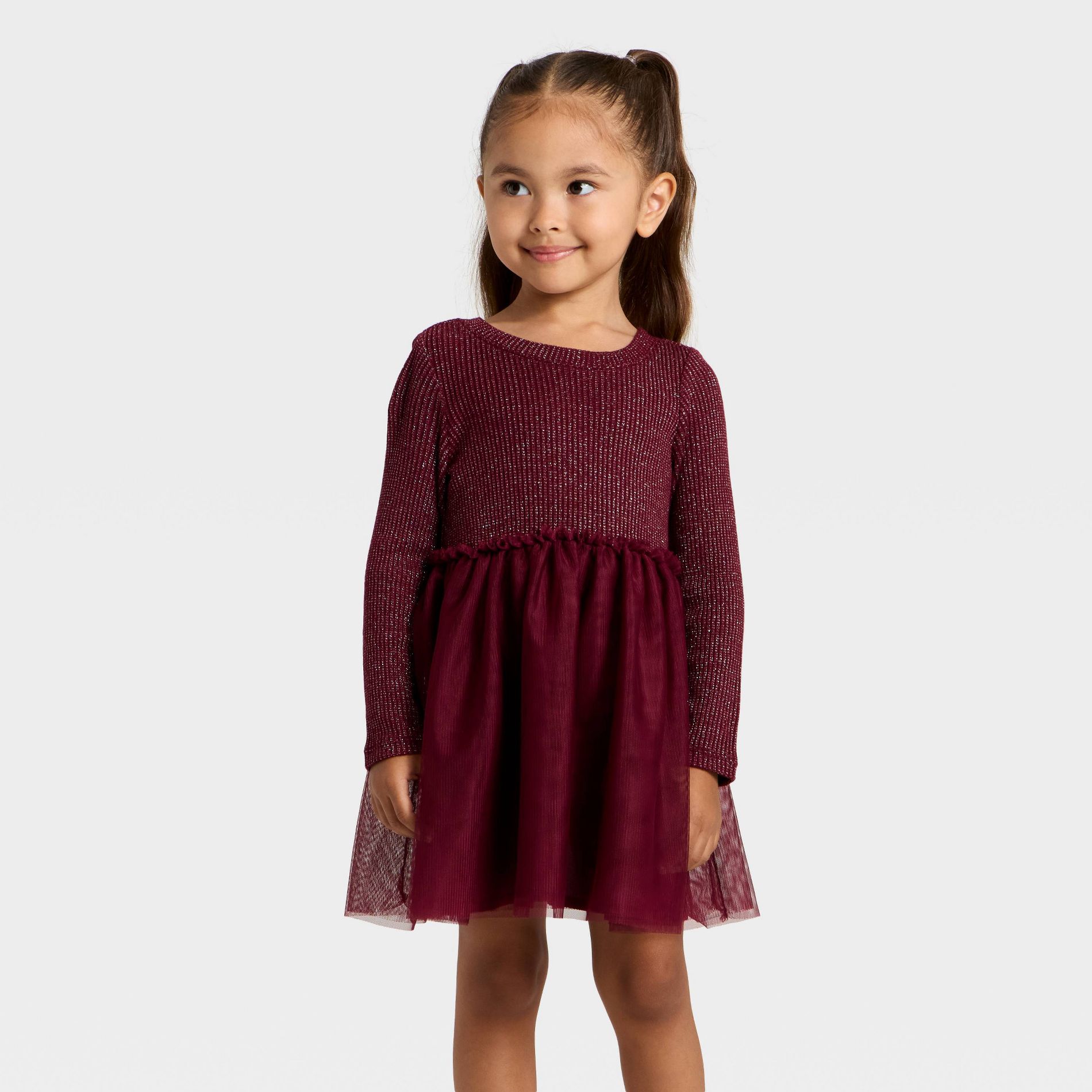 Toddler Girls' Long Sleeve Sparkle Ribbed Tulle Dress - Cat & Jack™ Burgundy 4T