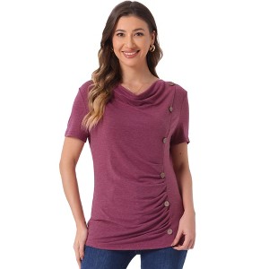 INSPIRE CHIC Women's Cowl Neck Short Sleeve Button Decor Ruched Front Casual  Basic T-shirt - 1 of 4