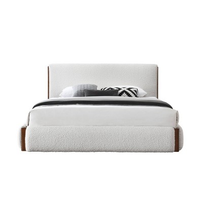 Sandro Queen Bed with White Boucle Upholstery and Walnut Frame