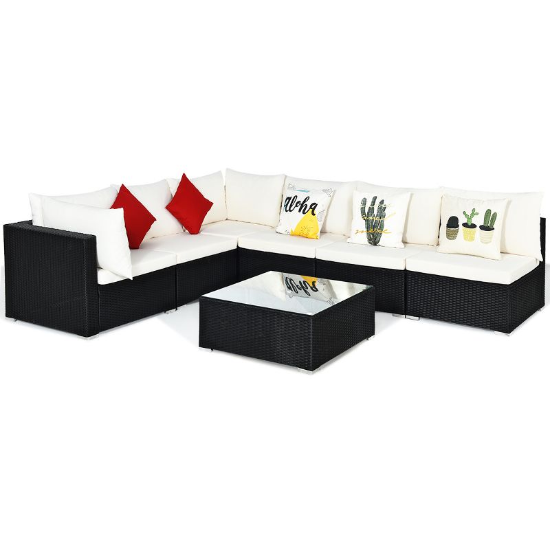 Costway 7PCS Patio Rattan Furniture Set Sectional Sofa Cushioned Glass Table Steel Frame, 2 of 11
