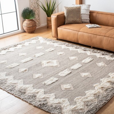 Ivory and Gray Hand-Knotted Wool Geometric 8' x 10' Rug