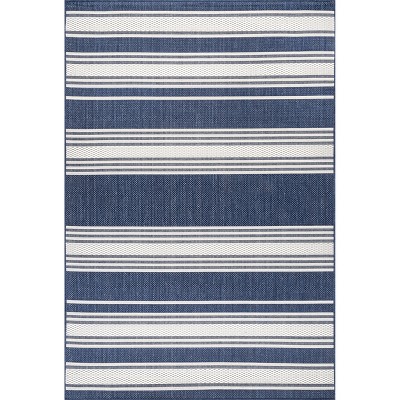 Navy Striped Washable Synthetic 8' x 10' Indoor/Outdoor Rug