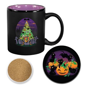 Courtside Market Hello Cat Halloween 11 oz Artisan Ceramic Mugs & Coaster Set - 1 of 1
