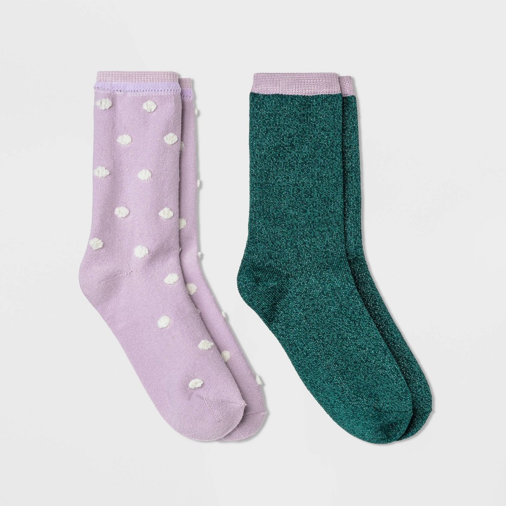 Size Medium Girls' 2pk Polka Dot Soft Shimmer Crew Socks - Cat & Jack Purple/Green M