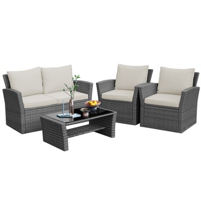 Tangkula 4-Piece Rattan Wicker Patio Outdoor Furniture Sofa Set with Cushions & Tempered Glass Table