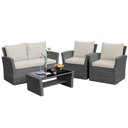 Tangkula 4 piece Rattan Wicker Patio Outdoor Furniture Sofa Set