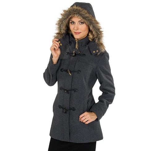 Alpine Swiss Duffy Womens Gray Wool Coat Fur Trim Hooded Parka Jacket ...
