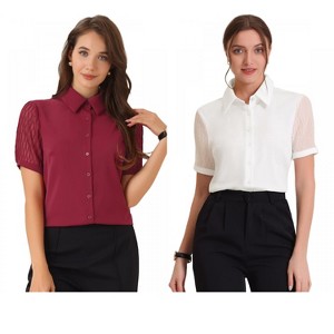 INSPIRE CHIC Women's Sheer Short Sleeve Point Collar Work Button Down Shirt 2 Packs - 1 of 4