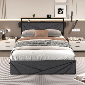 KTMBDW Upholstered Platform Bed Frame with 2 Tier Storage Headboard, and 4 Drawers, Charging Station, No Box Spring Needed, Gray - 1 of 4