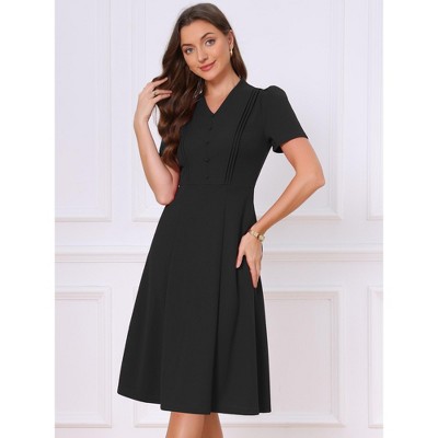 Женские платья INSPIRE CHIC Women's Short Sleeve V Neck Button Decro Pleated Business Casual A-Line Midi Dresses Large Black — фото 4