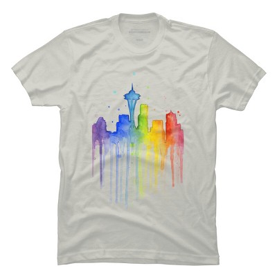 Men's Design By Humans Seattle Skyline Rainbow Watercolor By OlechkaDesign T-Shirt