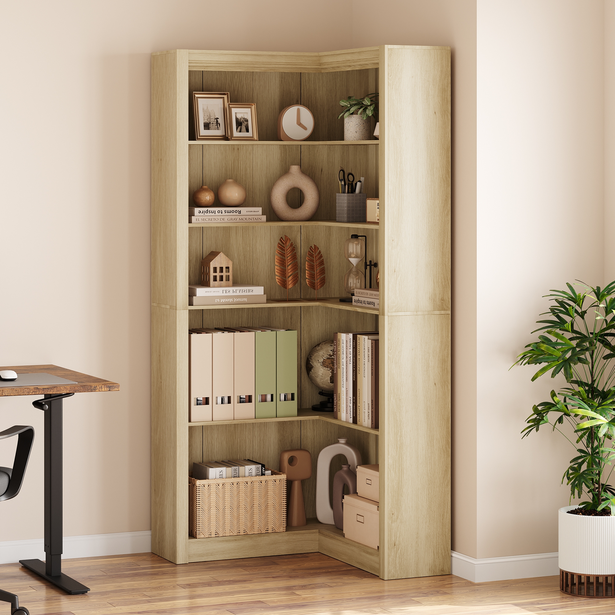 Space-Saving L-Shaped Corner Bookshelf - 71.8'' Tall, 5-Tier Heavy Duty Bookcase with Large Open Storage Shelves, Modern Farmhouse Office Furniture