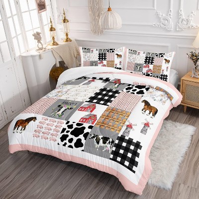 Acoinel 3 Pcs Farmhouse Animal Patchwork Lightwight Ultra Soft Comforter Set with 2 Pillowcases, Pink