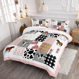 Acoinel 3 Pcs Farmhouse Animal Patchwork Lightwight Ultra Soft Comforter Set with 2 Pillowcases, Pink - 1 of 4