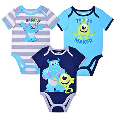 Disney Boy's 3-Pack Trouble Maker Monster Inc Character Print Short Sleeve Baby Bodysuit Creeper Set For Infants