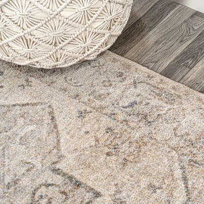 Cream and Brown Medallion Washable Synthetic Area Rug 5'3" x 7'7"