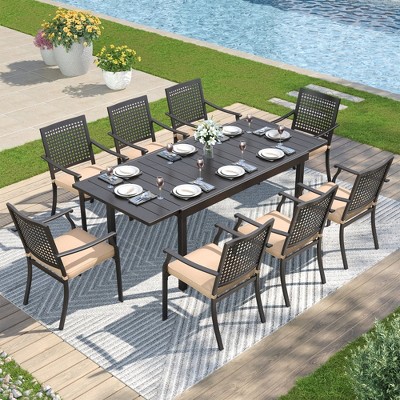 Captiva Designs 9pc Patio Adjustable Steel Rectangle Dining Table & Metal Chairs with Bull's Eye Pattern
