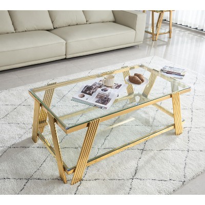 NicBex Modern Double-Layer Clear Tempered Glass Coffee Table with Unique Stainless Steel Legs,Living Room End Table with Storage
