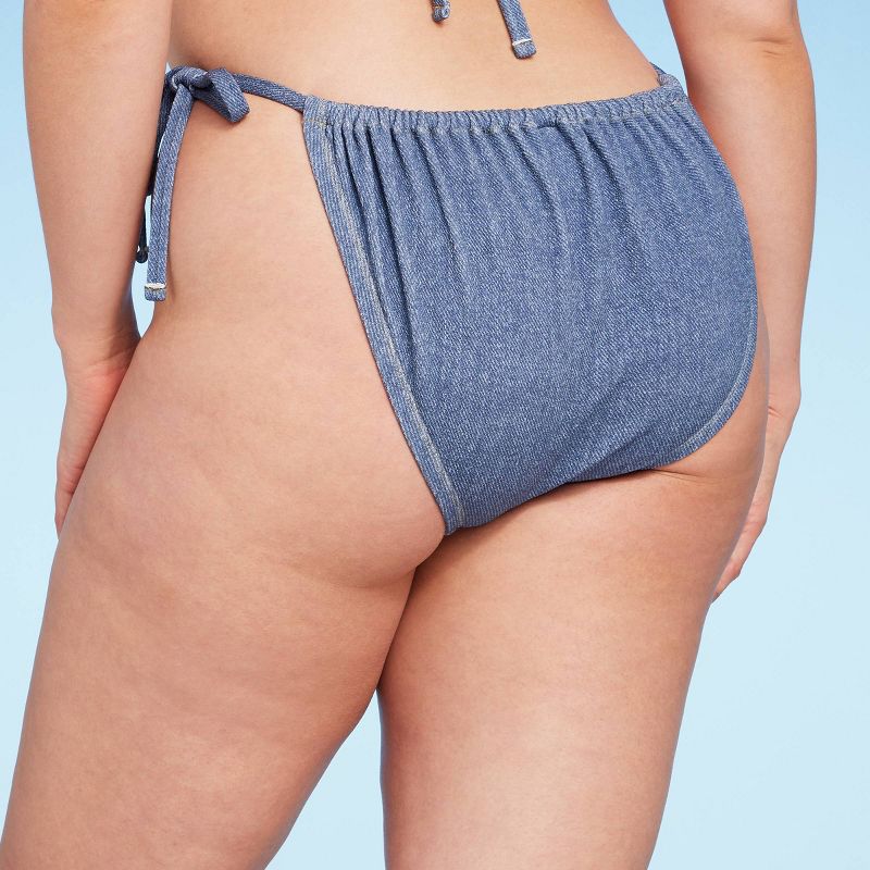 Women's Denim Textured Side-Tie High Leg Cheeky Bikini Bottom - Wild Fable™ Dark Denim Blue, 3 of 5