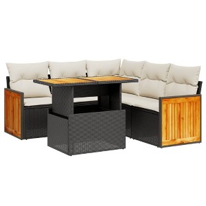 vidaXL 6 Piece Patio Sofa Set with Cushions Black and Cream Poly Rattan - 1 of 4