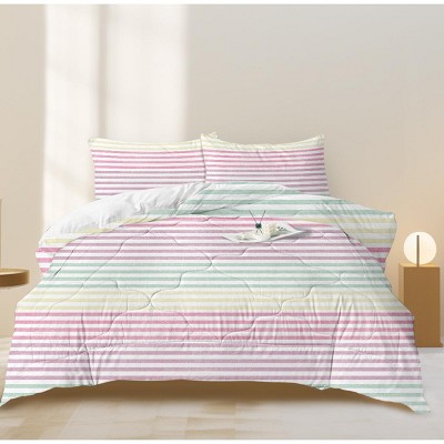 Boersma Striped Comforter Set Queen Size, Comforter Bedding Set Pink Yellow Green Purple, 3 Piece, 1 Comforter (90"x90") and 2 Pillow Shams (20"x36")