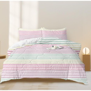 Boersma Striped Comforter Set Queen Size, Comforter Bedding Set Pink Yellow Green Purple, 3 Piece, 1 Comforter (90"x90") and 2 Pillow Shams (20"x36") - 1 of 4