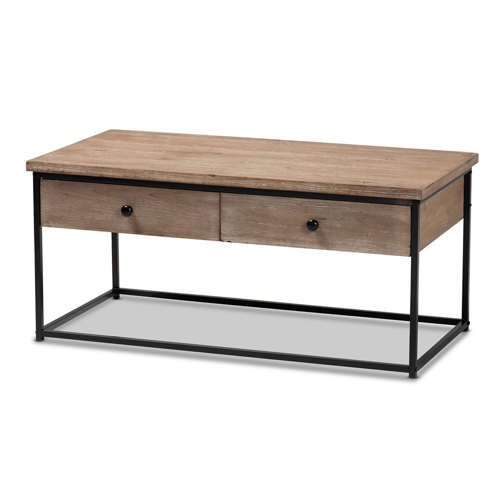 Photos - Coffee Table Roderick Wood and Metal 2 Drawer  Weathered Oak/Black - Baxton